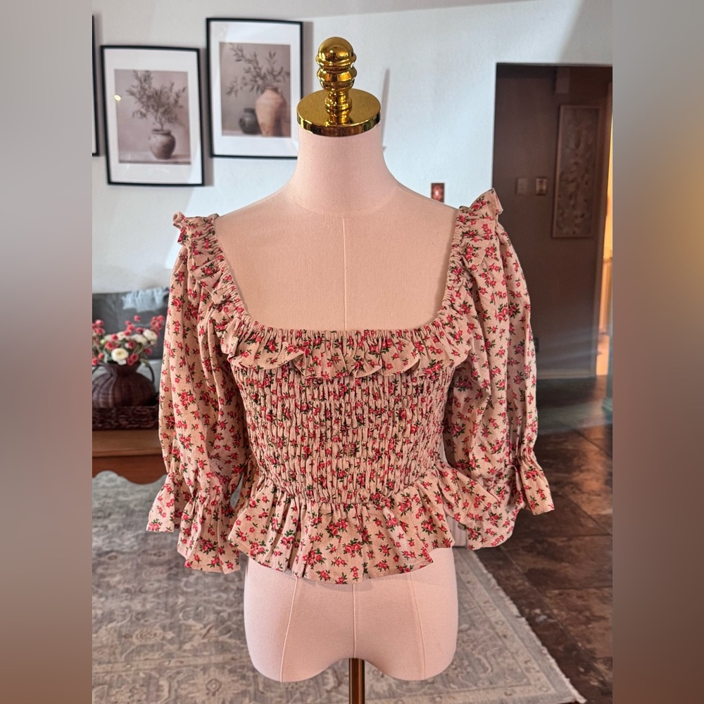 Olivaceous Cream and Red Floral Smocked Blouse 100%Linen